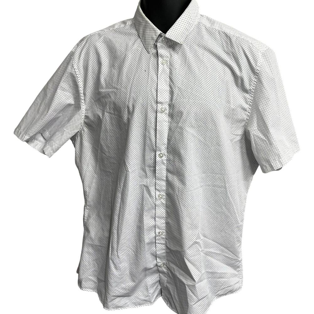 HM Button Up Shirt Men Size XL White Polka Dots Slim Fit Short Sleeve STAINS
